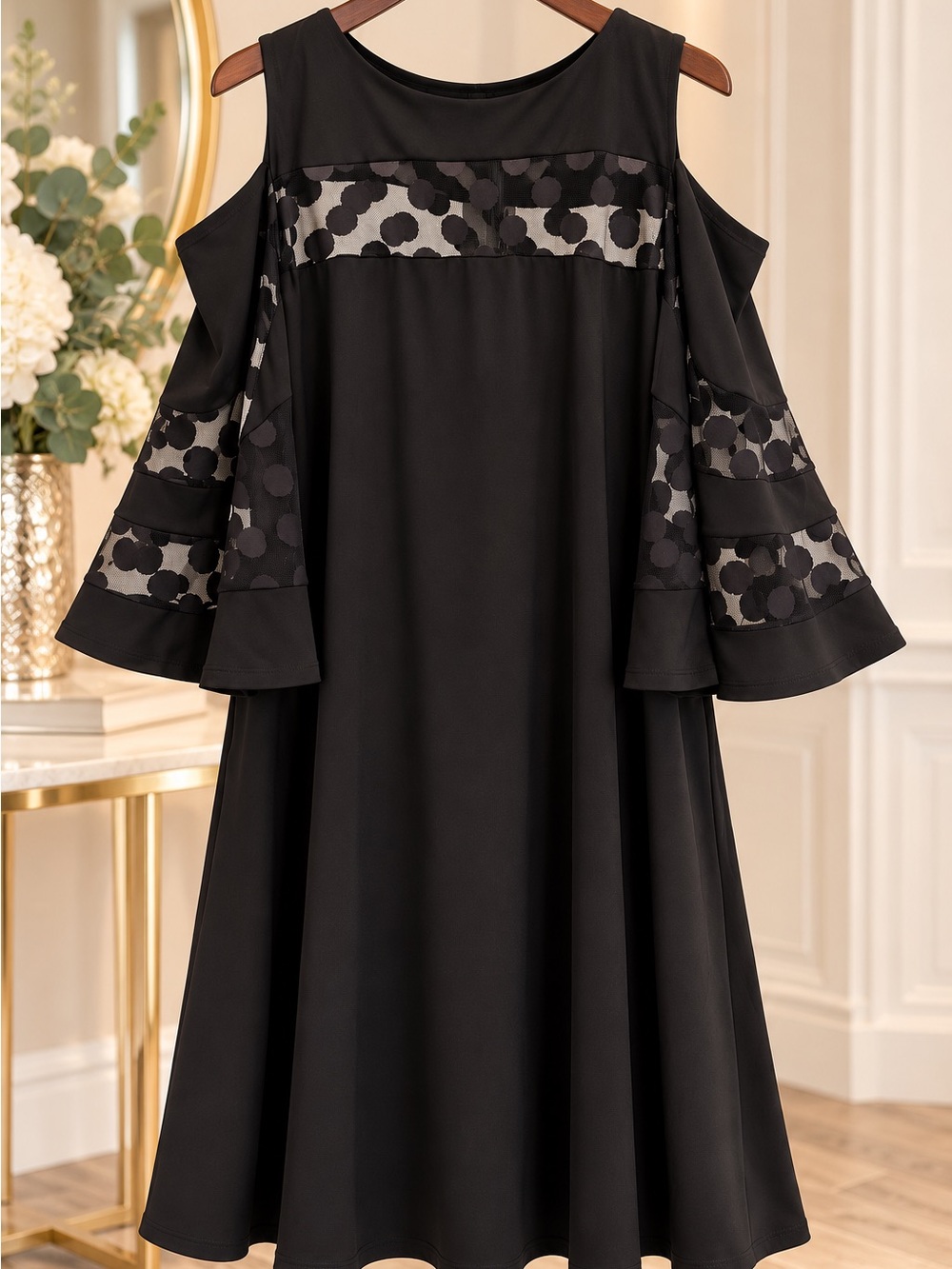 Nina Leonard Black Cold-Shoulder Midi Dress with Polka-Detail Panels